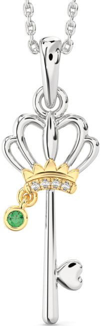 Diamond Emerald Gold Silver Heart Crown Necklace