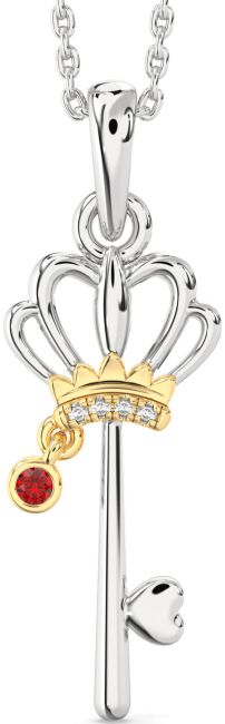 Diamond Ruby Gold Silver Heart Crown Necklace