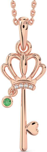 Diamond Emerald Rose Gold Heart Crown Necklace