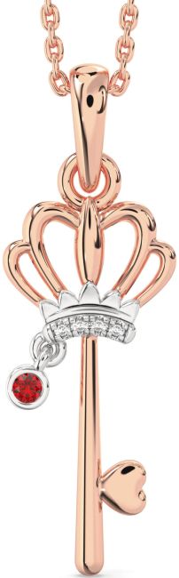 Diamond Ruby Rose Gold Silver Heart Crown Necklace