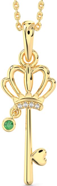 Diamond Emerald Gold Heart Crown Necklace