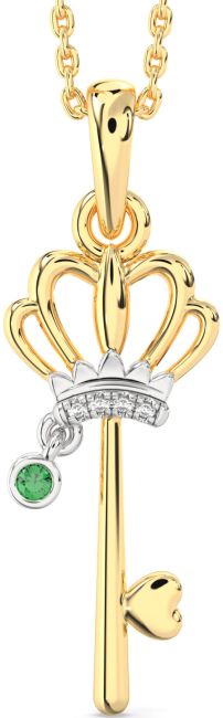 Diamond Emerald Gold Silver Heart Crown Necklace
