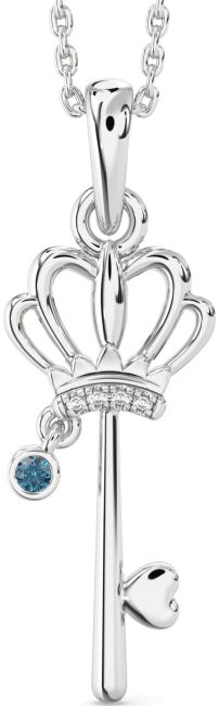 Blue Diamond Silver Heart Crown Necklace