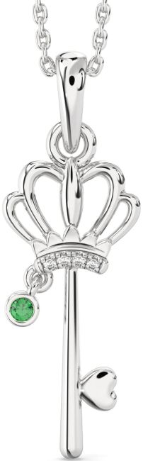 Diamond Emerald Silver Heart Crown Necklace