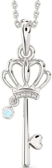 Diamond Moonstone Silver Heart Crown Necklace