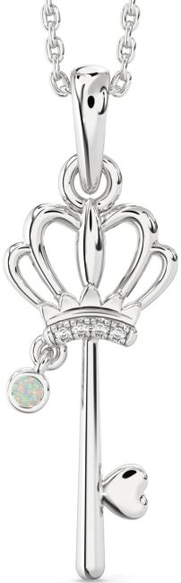 Diamond Opal Silver Heart Crown Necklace
