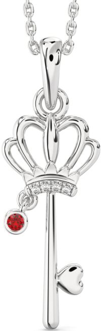 Diamond Ruby Silver Heart Crown Necklace