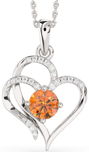 Diamond Citrine Silver Heart Necklace