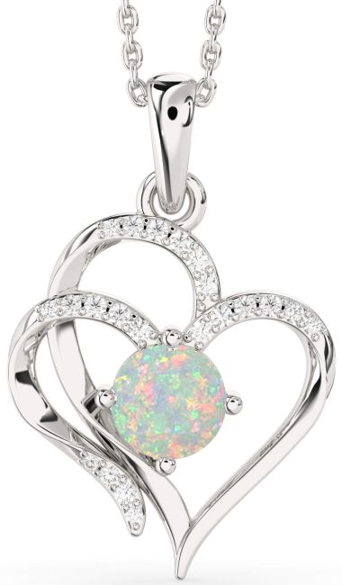 Diamond Opal Silver Heart Necklace