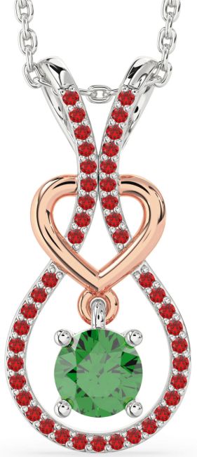 Emerald & Ruby Silver & 10K Rose Gold Heart Necklace