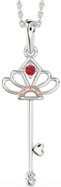 Large Diamond Ruby White Rose Gold Heart Necklace