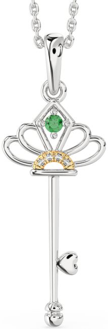 Large Diamond Emerald Silver & 10K gold Heart Necklace