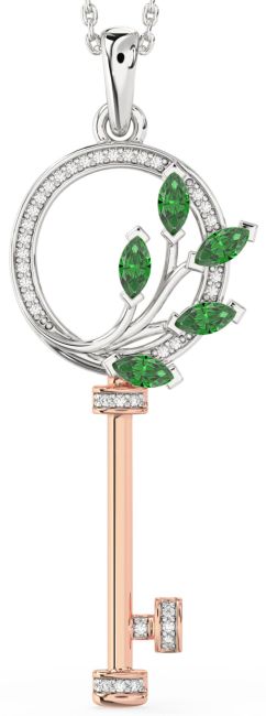Large Diamond Emerald Rose Gold Silver Necklace