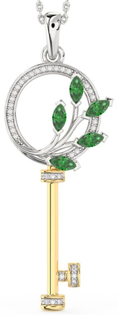 Large Diamond Emerald Platinum & Yellow Gold Necklace