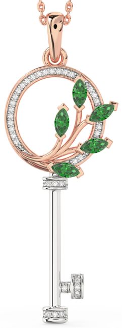 Large Diamond Emerald Rose Gold Silver Necklace