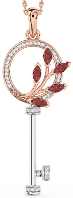 Large Diamond Ruby Rose Gold Silver Necklace