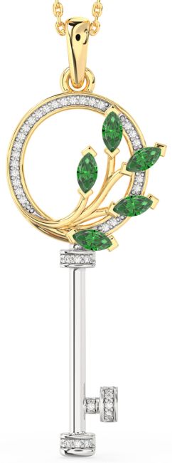 Large Diamond Emerald Gold Silver Necklace