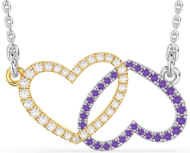 Large Diamond & Amethyst White Yellow Gold Heart Necklace
