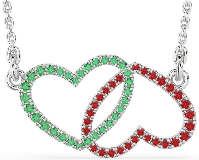 Large Emerald & Ruby Silver Heart Necklace