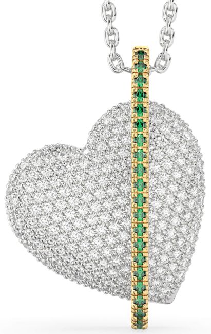 Diamond Emerald Platinum & Yellow Gold Heart Necklace