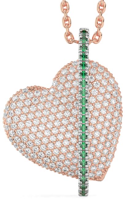 Diamond Emerald Rose Gold Silver Heart Necklace