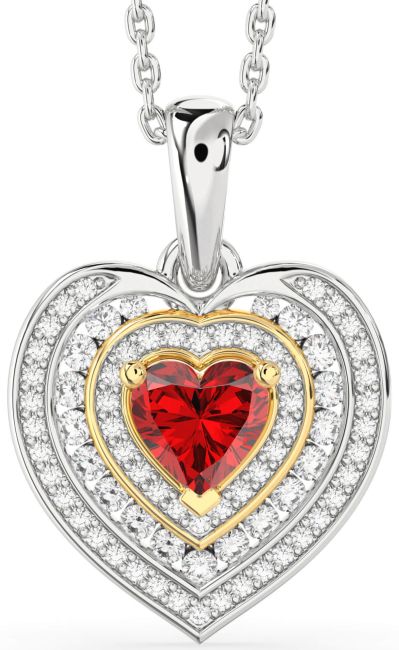 Diamond Ruby Silver & 10K gold Heart Necklace