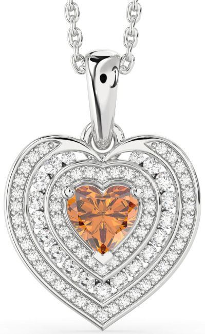 Diamond Citrine Silver Heart Necklace