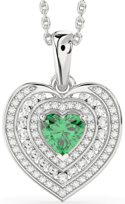 Diamond Emerald Silver Heart Necklace