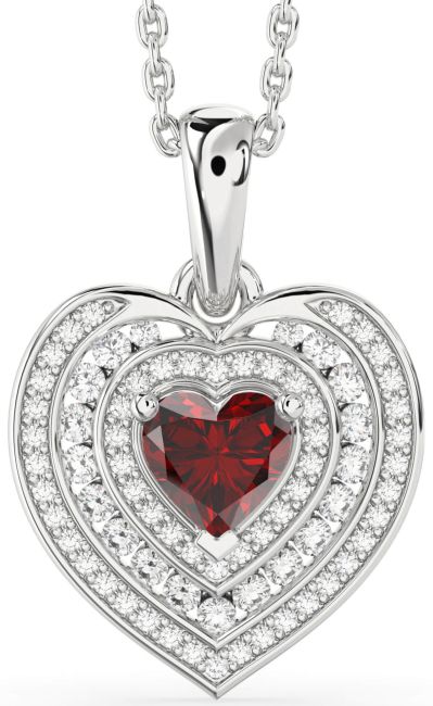 Diamond Garnet Silver Heart Necklace