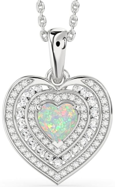 Diamond Opal Silver Heart Necklace
