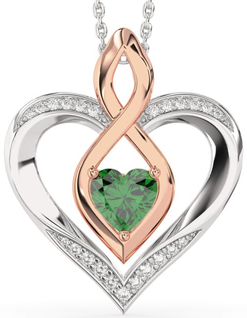 Large Diamond Emerald Rose Gold Silver Heart Infinity Necklace