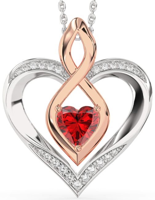 Large Diamond Ruby White Rose Gold Heart Infinity Necklace