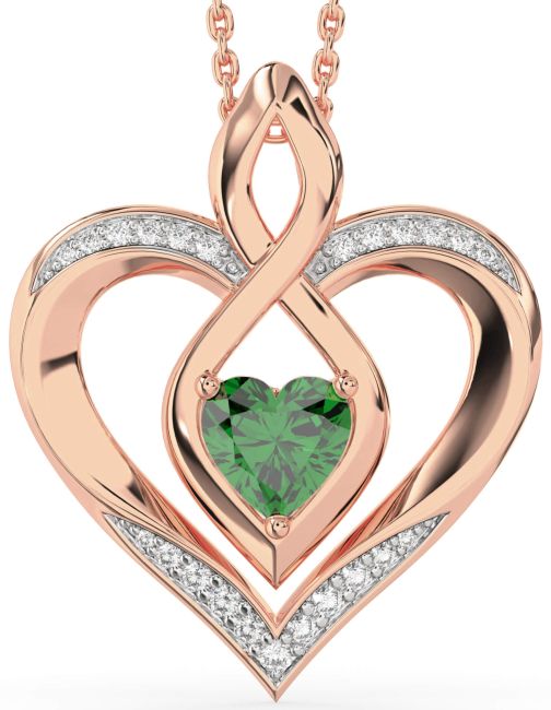 Large Diamond Emerald Rose Gold Heart Infinity Necklace