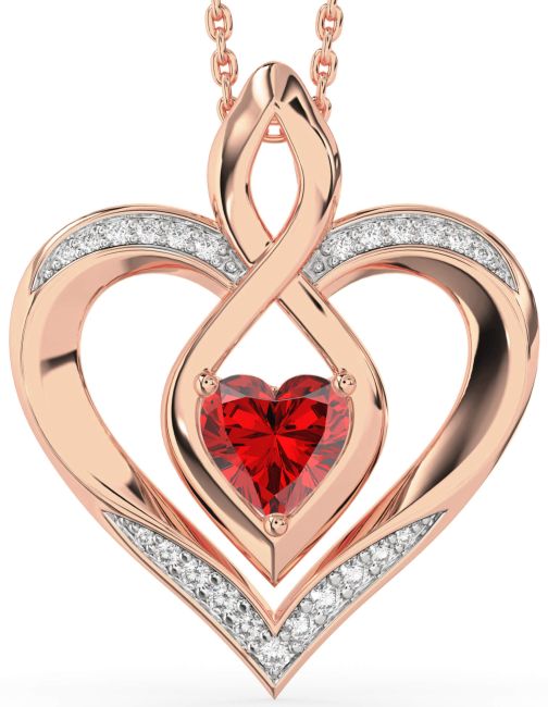 Large Diamond Ruby Rose Gold Heart Infinity Necklace