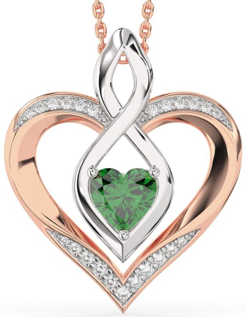 Large Diamond Emerald Rose Gold Silver Heart Infinity Necklace