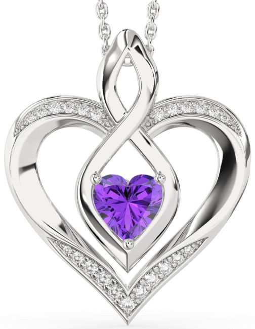 Large Diamond Amethyst Silver Heart Infinity Necklace