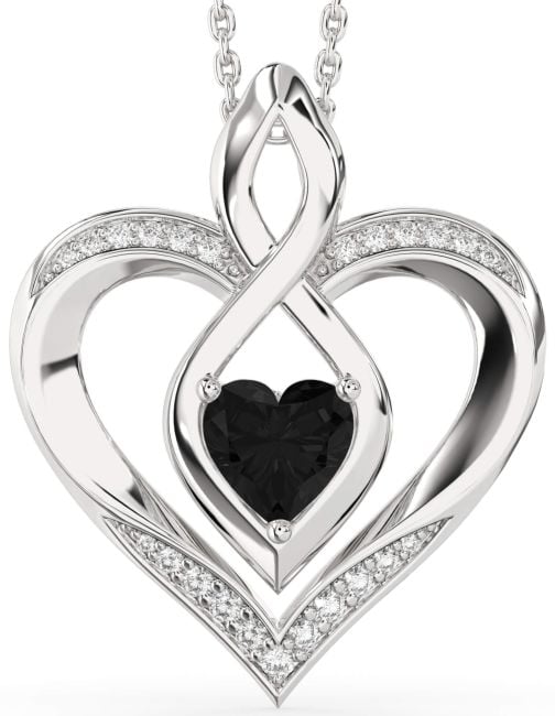 Large Black Diamond Silver Heart Infinity Necklace