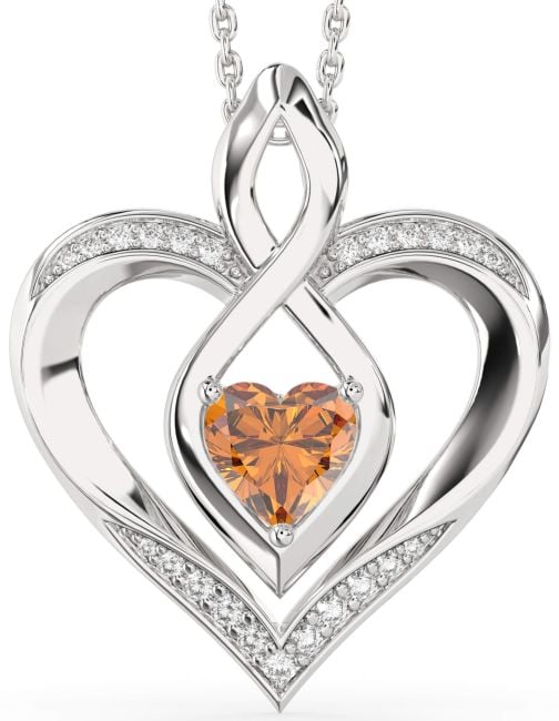 Large Diamond Citrine Silver Heart Infinity Necklace