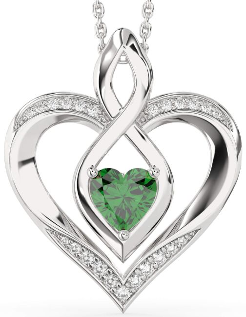 Large Diamond Emerald Silver Heart Infinity Necklace
