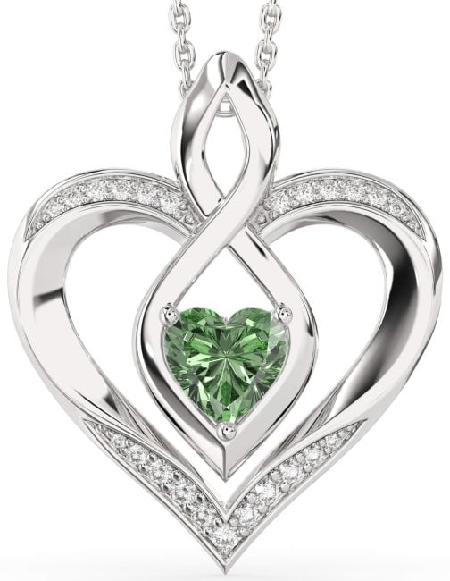 Large Green Diamond Silver Heart Infinity Necklace