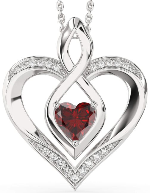 Large Diamond Garnet Silver Heart Infinity Necklace