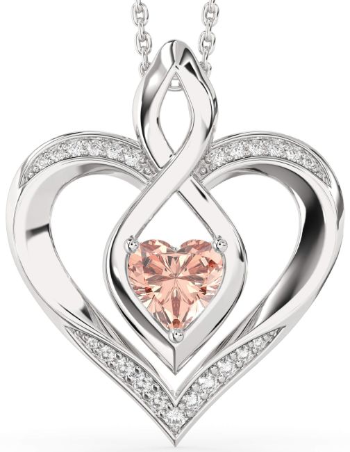 Large Diamond Morganite Silver Heart Infinity Necklace