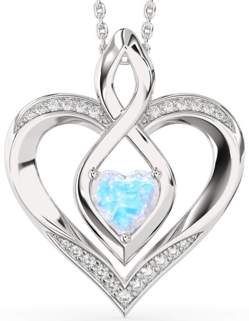 Large Diamond Moonstone Silver Heart Infinity Necklace
