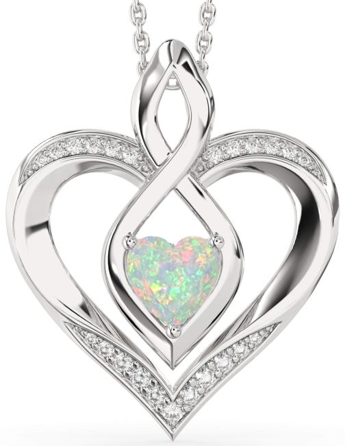 Large Diamond Opal Silver Heart Infinity Necklace