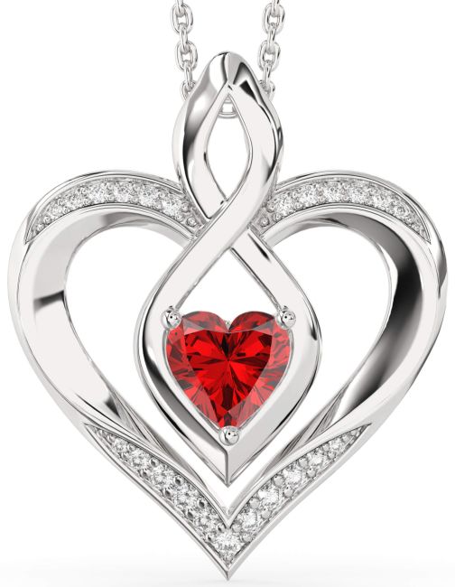 Large Diamond Ruby Silver Heart Infinity Necklace