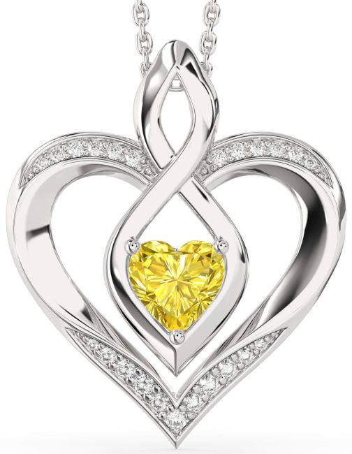 Large Yellow Diamond Silver Heart Infinity Necklace