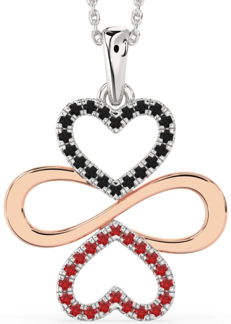 Large Black Diamond & Ruby Platinum & Rose Gold Heart Infinity Necklace