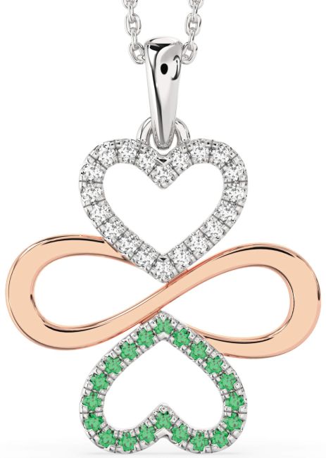 Large Emerald & Diamond Silver & 10K Rose Gold Heart Infinity Necklace
