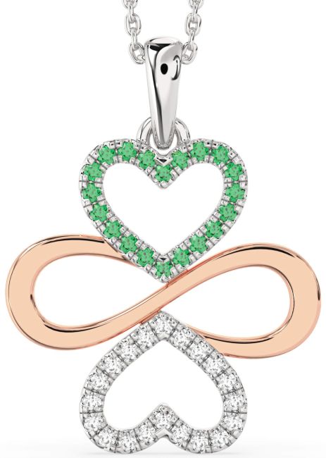 Large Diamond & Emerald Silver & 10K Rose Gold Heart Infinity Necklace