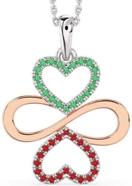 Large Emerald & Ruby Platinum & Rose Gold Heart Infinity Necklace